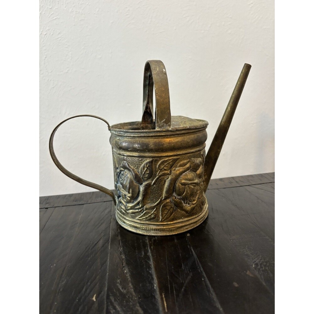 Vintage Embossed Brass Rose Watering Can Floral Pitcher Planter Patina
